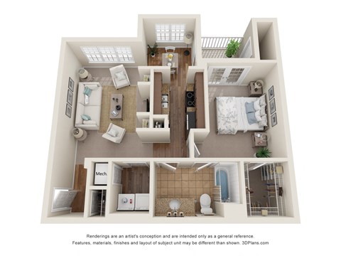 3D Floor Plan of a 1-bedroom apartment with 1 bathroom at 10x Audubon Apartments in Daphne, AL